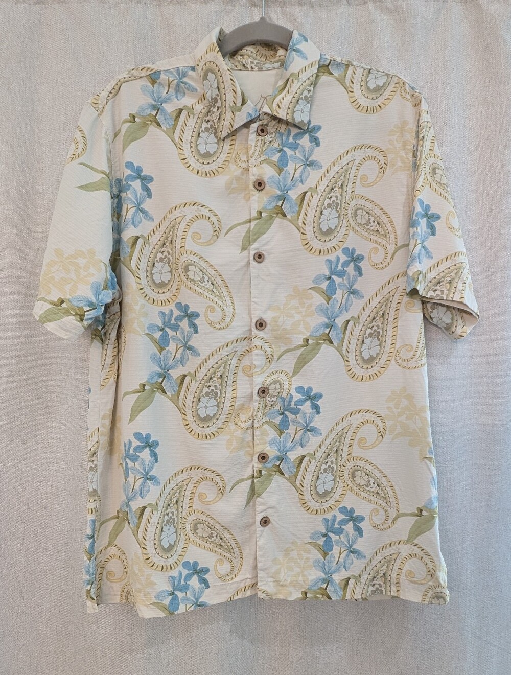 Tommy Bahama 100% Silk Paisley Floral Shirt Men's M Blue Cream Resort Button Up